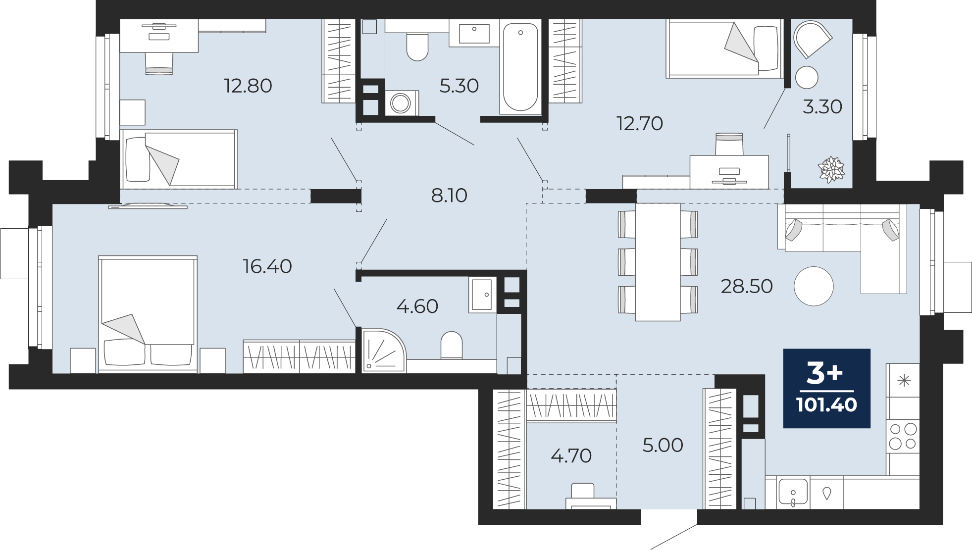 Планировка: 3-комнатная 98.1 м² в ЖК Айвазовский, 5-й Заречный