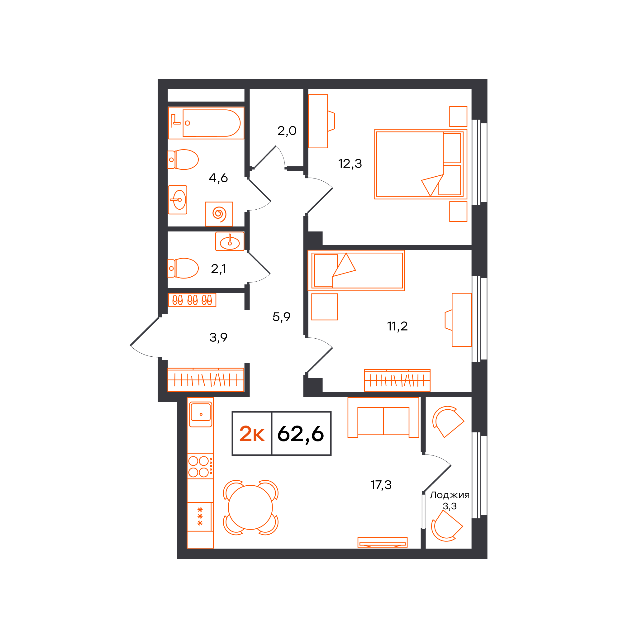 Планировка: Евротрешка 62.6 м² в ЖК Отличие, Комарово Парк