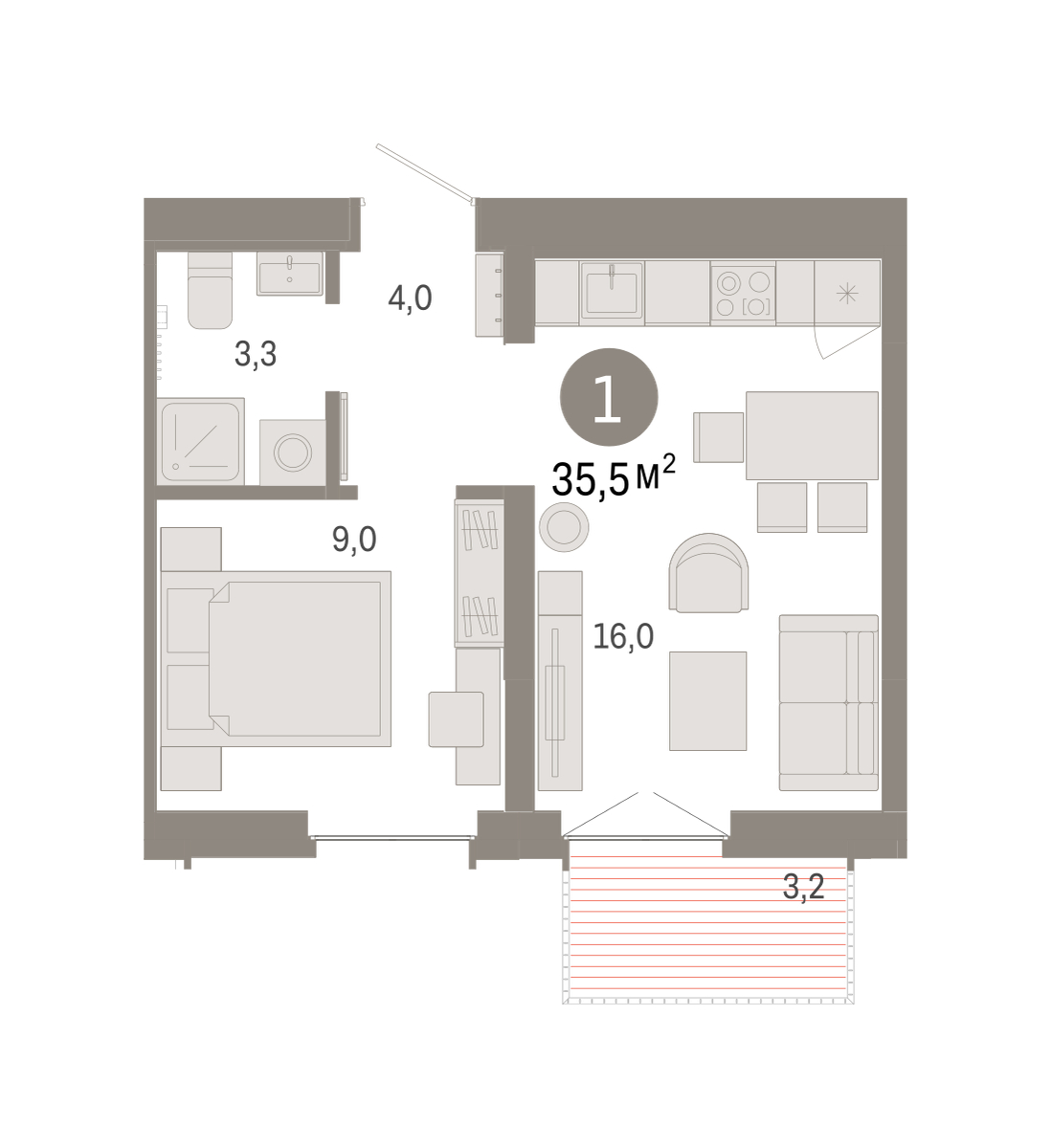 Планировка: Формат уточняется 35.5 м² в ЖК Республики 205, Центр: КПД