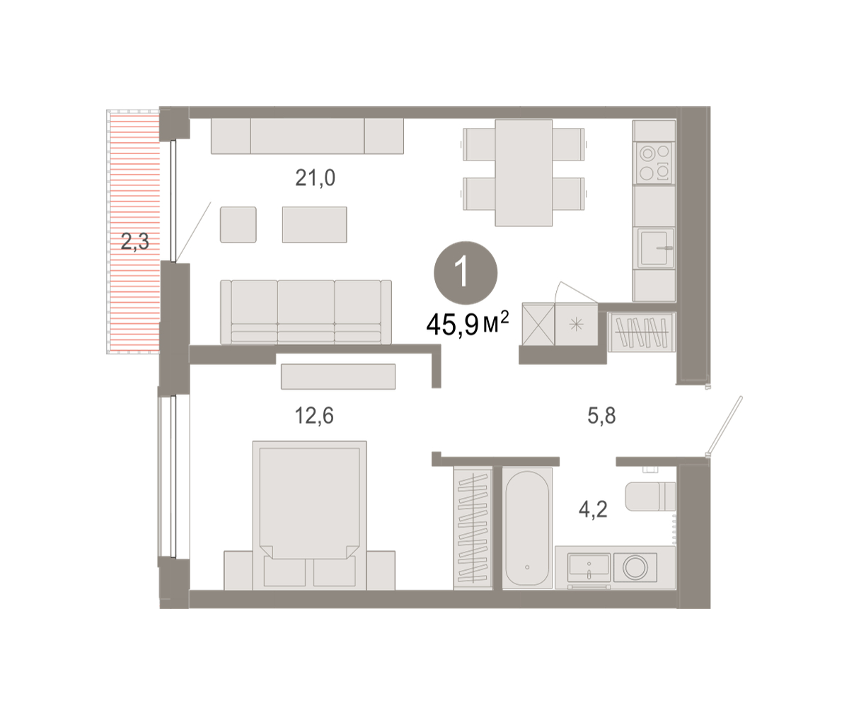 Планировка: Евродвушка 45.9 м² в ЖК Октябрьский на Туре, ДОК