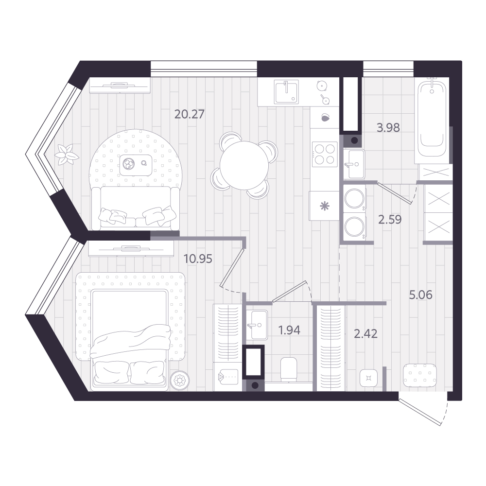 Планировка: Евродвушка 47.2 м² в ЖК Форсо, Зарека