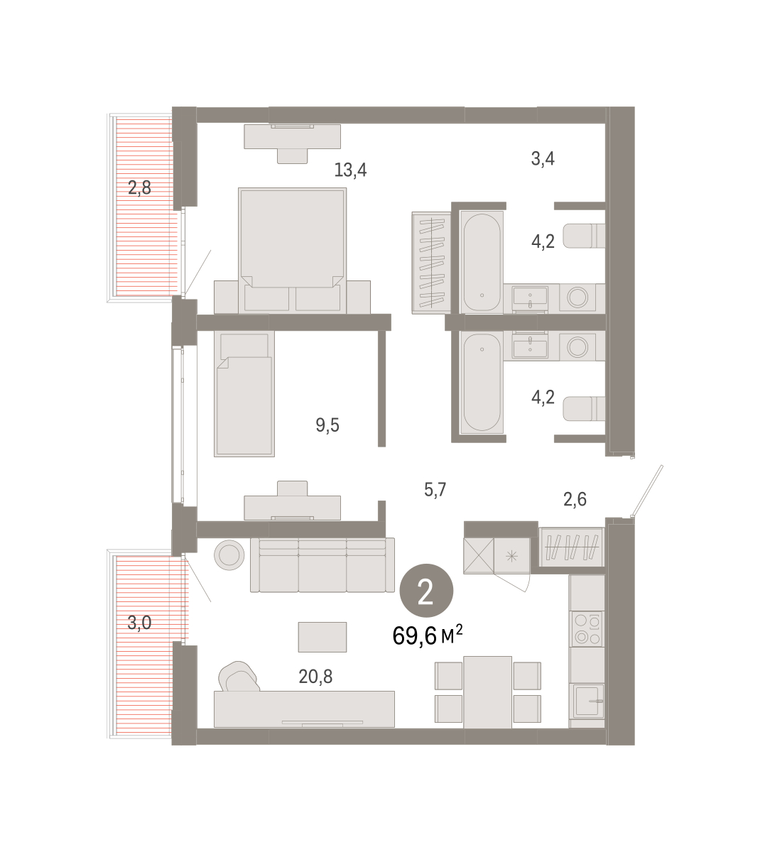Планировка: Евротрешка 69.6 м² в ЖК Республики 205, Центр: КПД