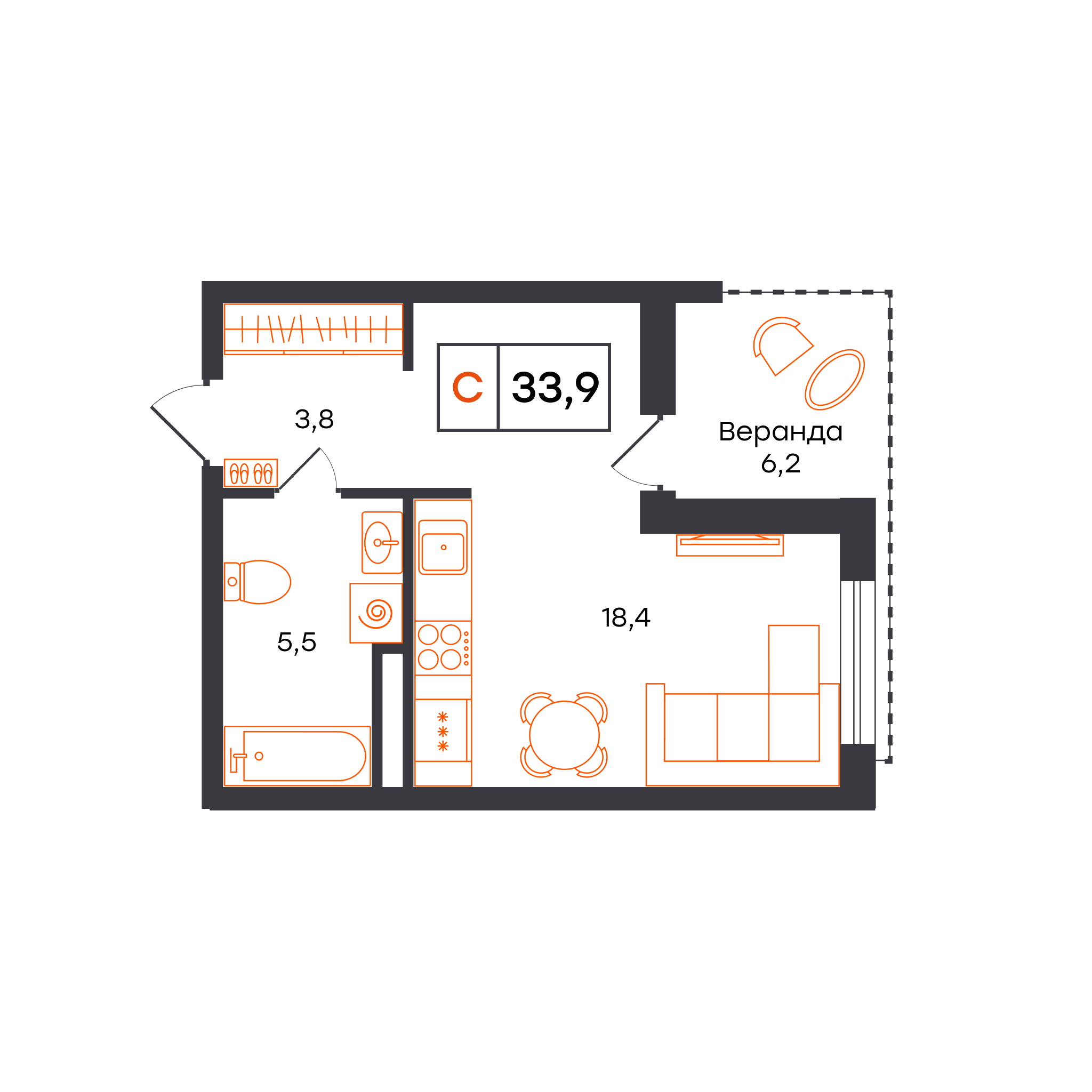 Планировка: Студия 33.9 м² в ЖК Чемпионский, Чемпионский