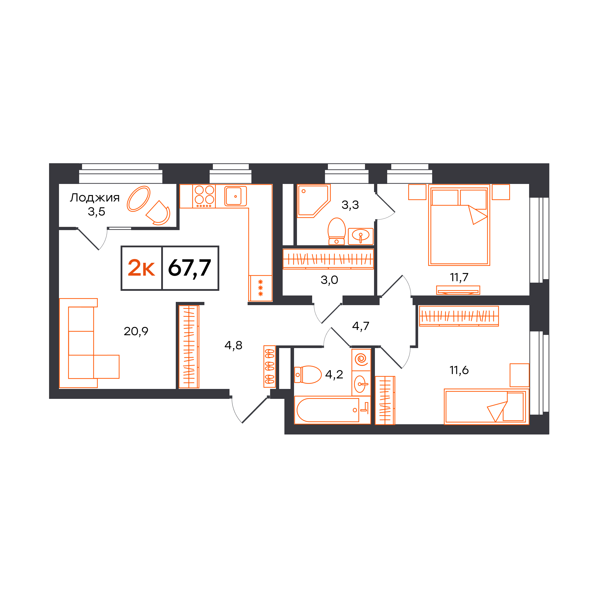 Планировка: Евротрешка 67.7 м² в ЖК Отличие, Комарово Парк