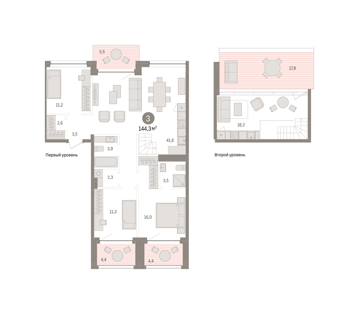 Планировка: 5-комнатная евро 144.3 м² в ЖК Дом у озера, Европейский