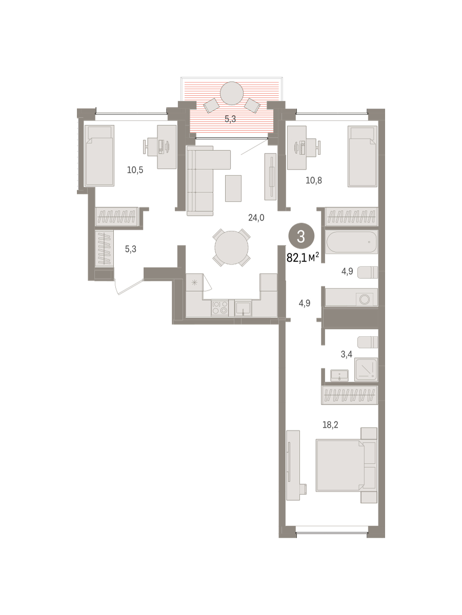 Планировка: 4-комнатная евро 82.1 м² в ЖК Дом у озера, Европейский