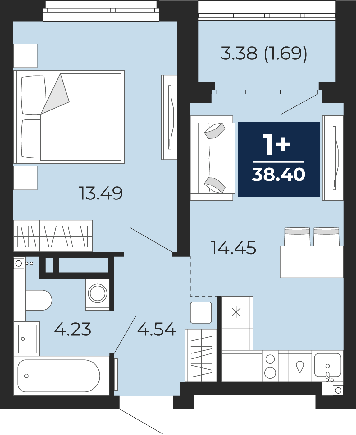 Планировка: Евродвушка 40.1 м² в ЖК Прео, Тюменская слобода