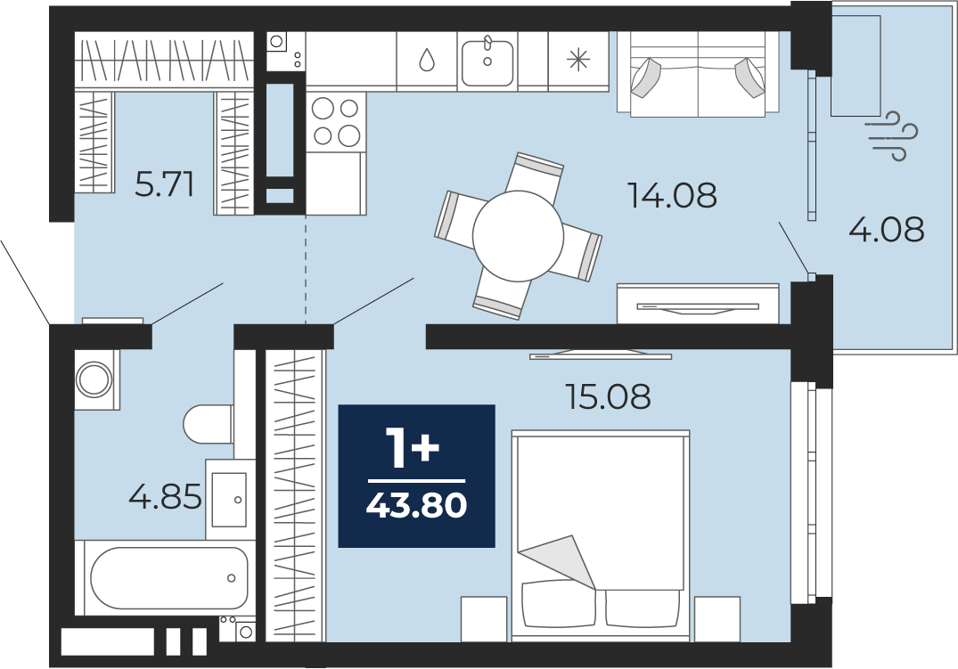 Планировка: Евродвушка 43.8 м² в ЖК Прео, Тюменская слобода