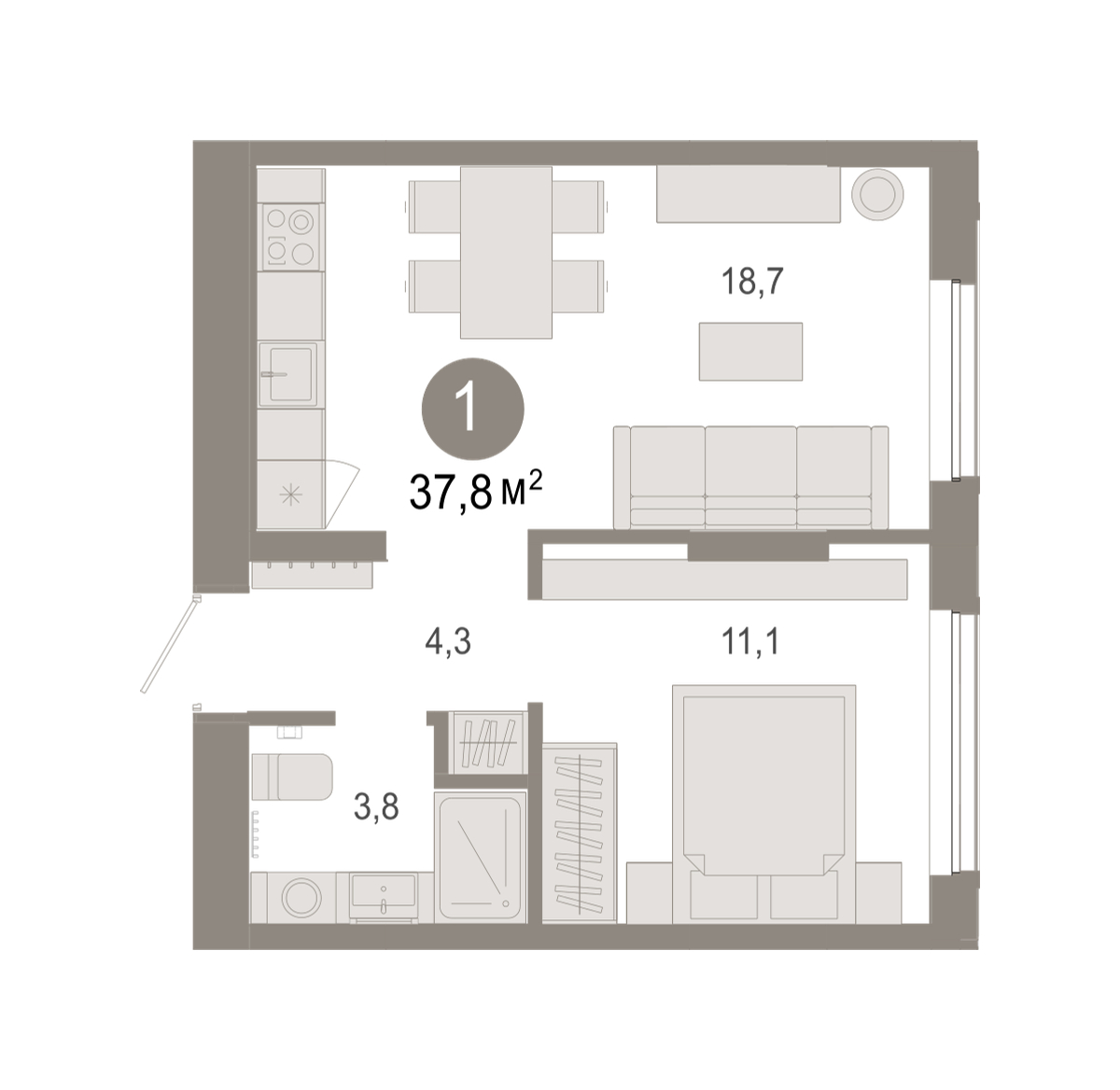 Планировка: 1-комнатная 37.8 м² в ЖК Октябрьский на Туре, ДОК
