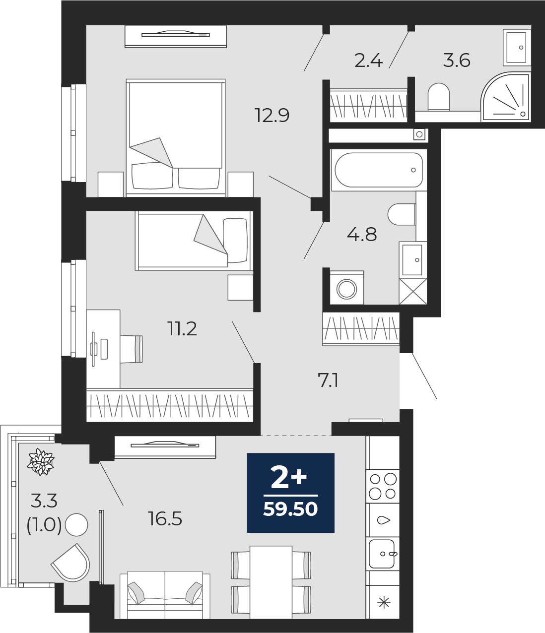 Планировка: Евротрешка 61.8 м² в ЖК Мириады, Мыс