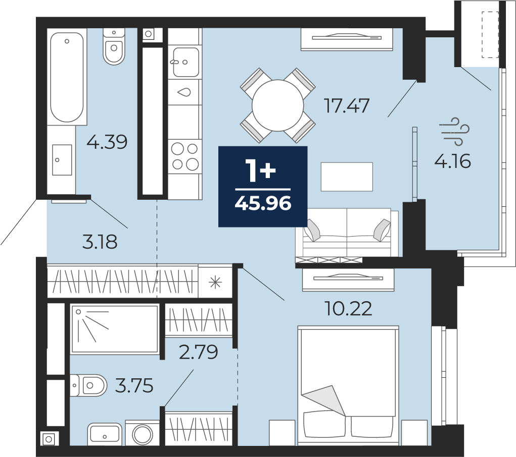 Планировка: Евродвушка 46 м² в ЖК Мириады, Мыс