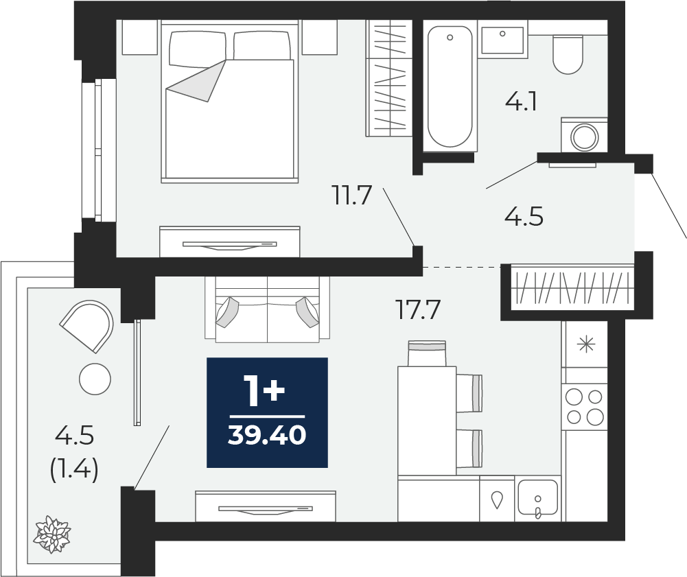 Планировка: Евродвушка 42.5 м² в ЖК Мириады, Мыс