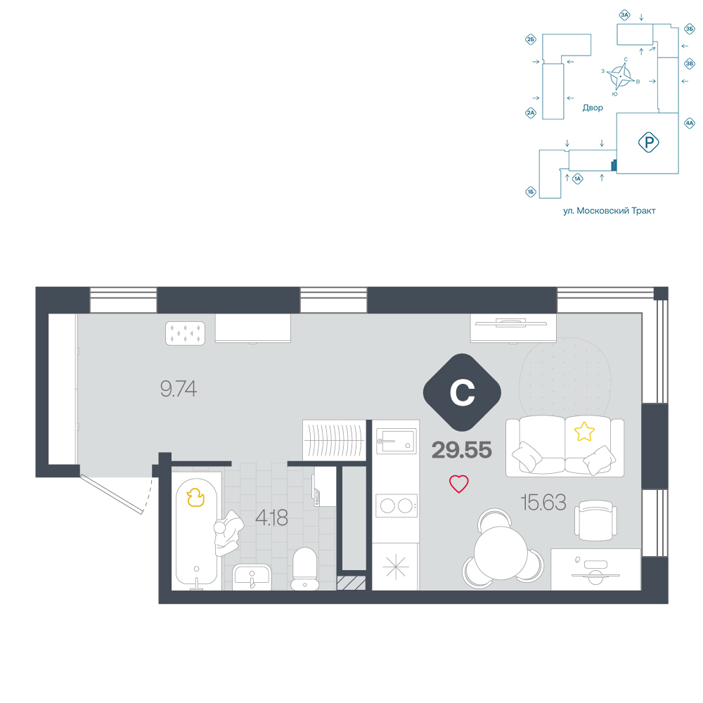 Планировка: Студия 29.6 м² в ЖК Сибирский, Московский тракт