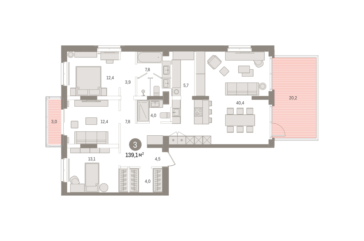 Планировка: 4-комнатная евро 139.1 м² в ЖК На Минской, Центр: Драмтеатр