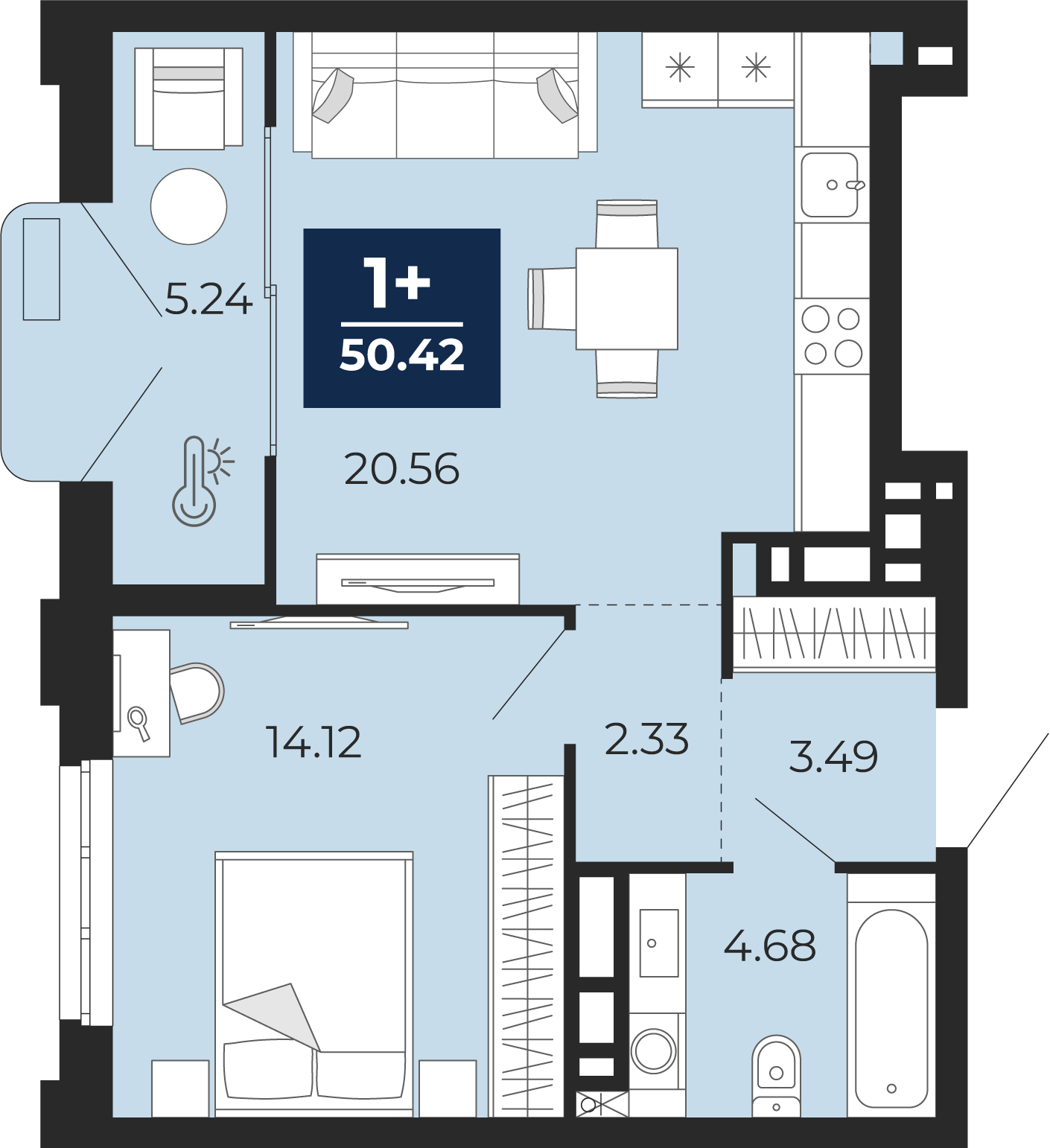 Планировка: Евродвушка 50.4 м² в ЖК Айвазовский, 5-й Заречный