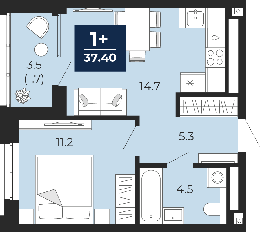 Планировка: Евродвушка 39.2 м² в ЖК Мириады, Мыс