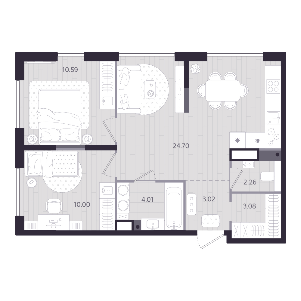 Планировка: 2-комнатная 57.7 м² в ЖК Форсо, Зарека