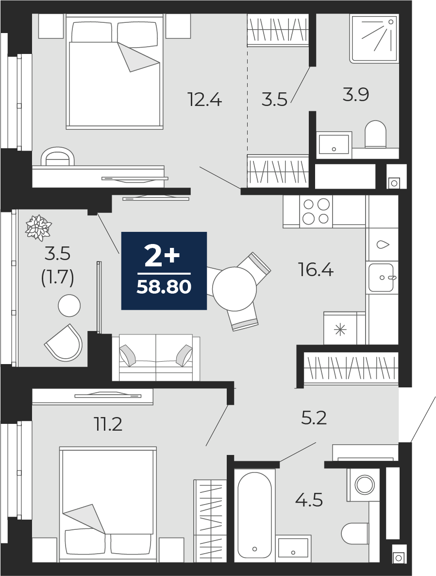 Планировка: Евротрешка 60.6 м² в ЖК Мириады, Мыс