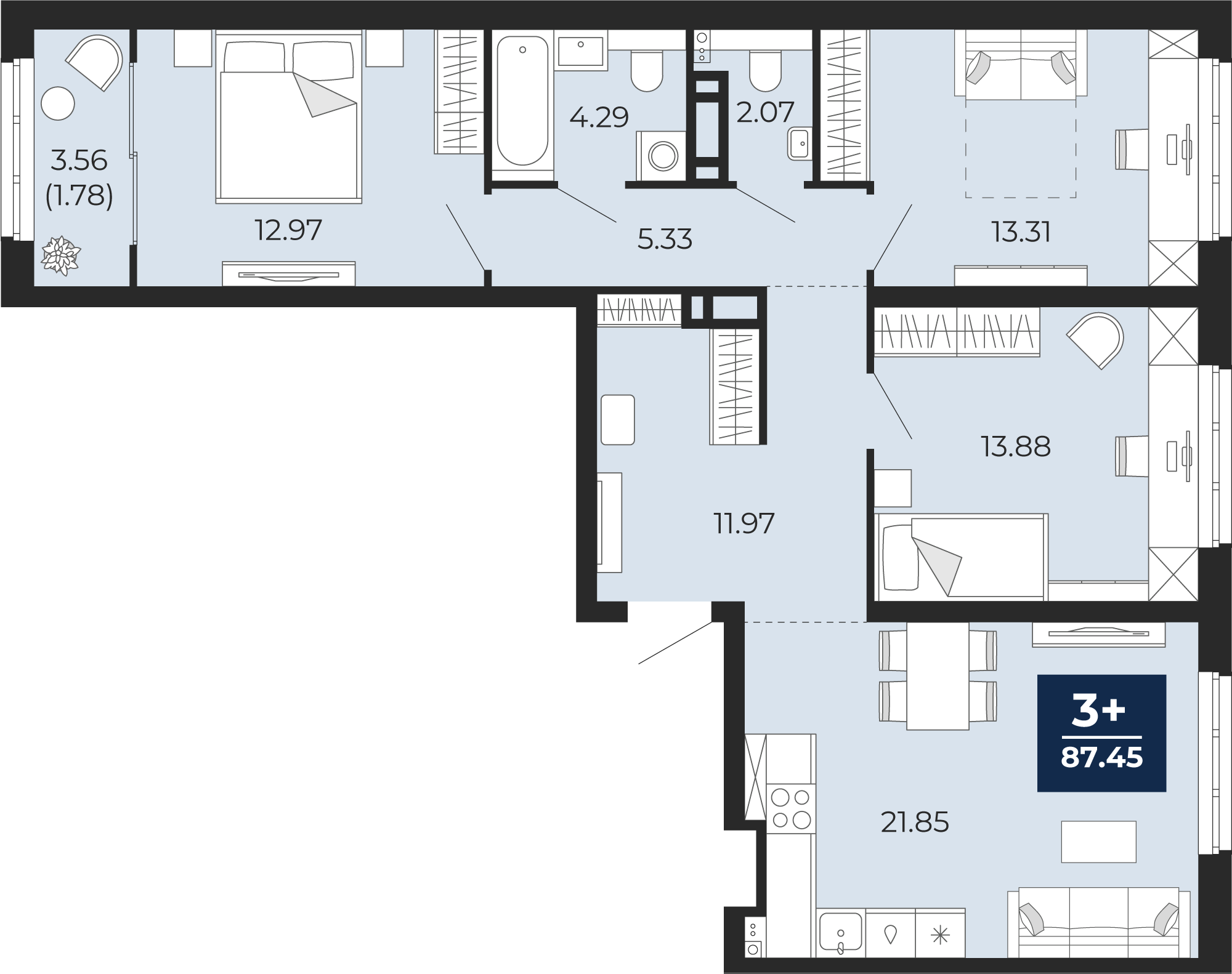 Планировка: 4-комнатная евро 89.2 м² в ЖК Беринг, Лесобаза