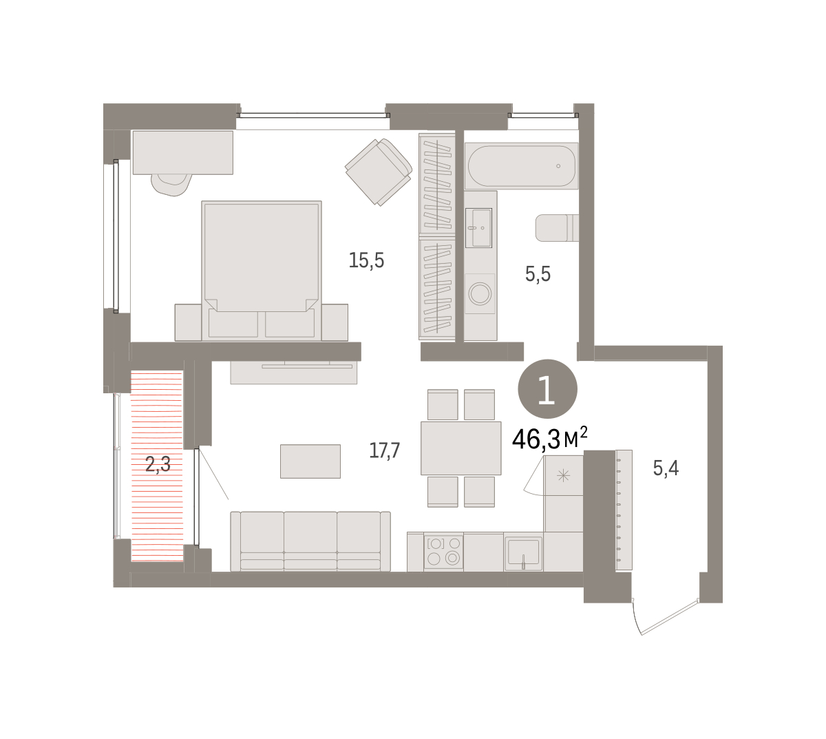 Планировка: 1-комнатная 46.3 м² в ЖК Зарека, Заречный
