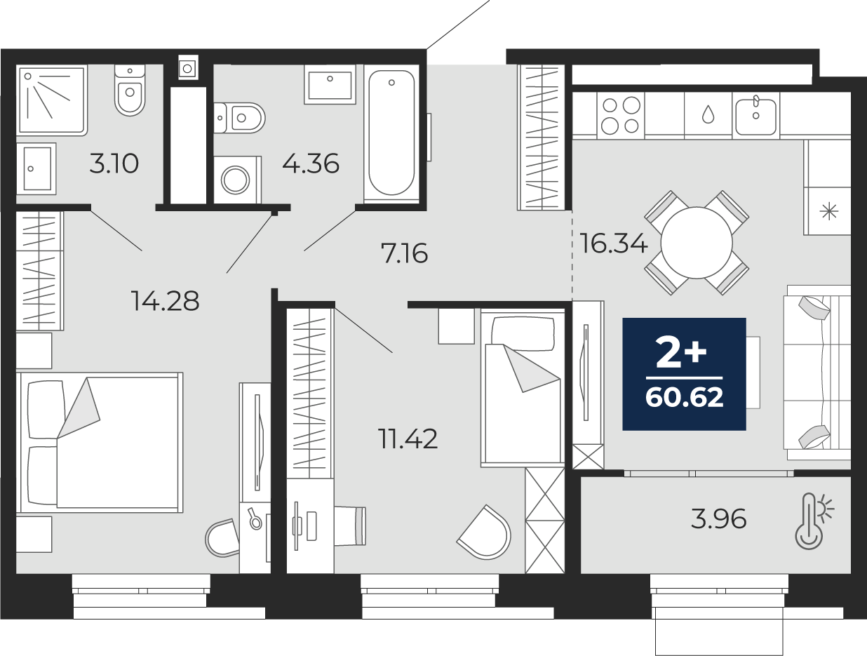 Планировка: Евротрешка 60.6 м² в ЖК Мириады, Мыс