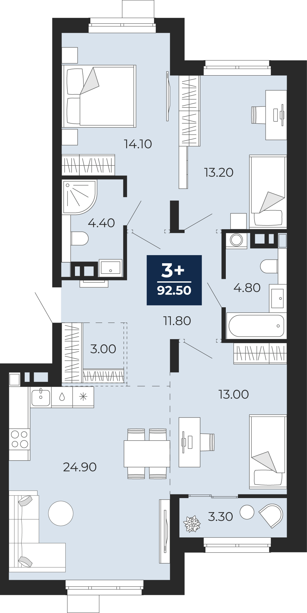 Планировка: 4-комнатная евро 92.5 м² в ЖК Айвазовский, 5-й Заречный