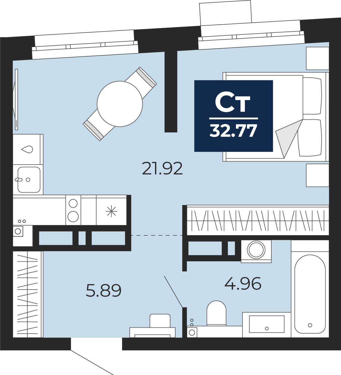 Планировка: Студия 32.8 м² в ЖК Прео, Тюменская слобода