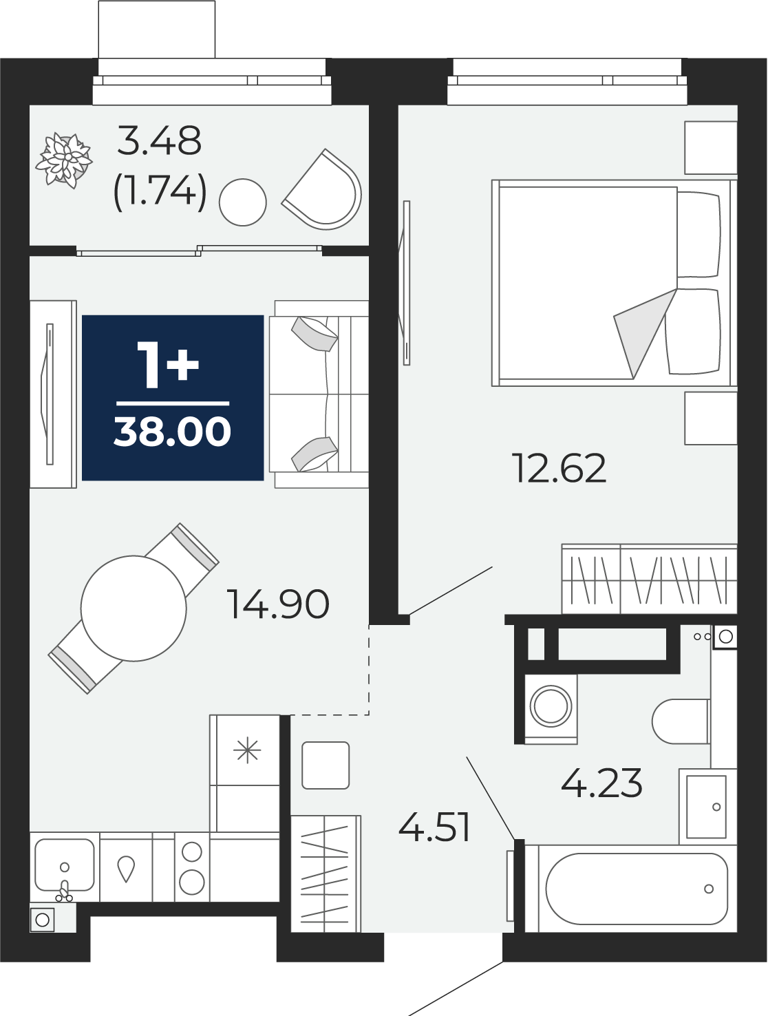 Планировка: Евродвушка 39.7 м² в ЖК Прео, Тюменская слобода