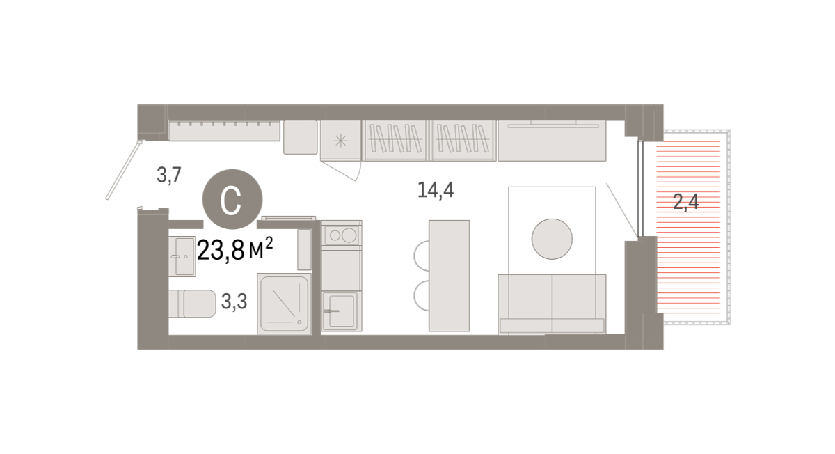 Планировка: Студия 23.8 м² в ЖК Зарека, Заречный