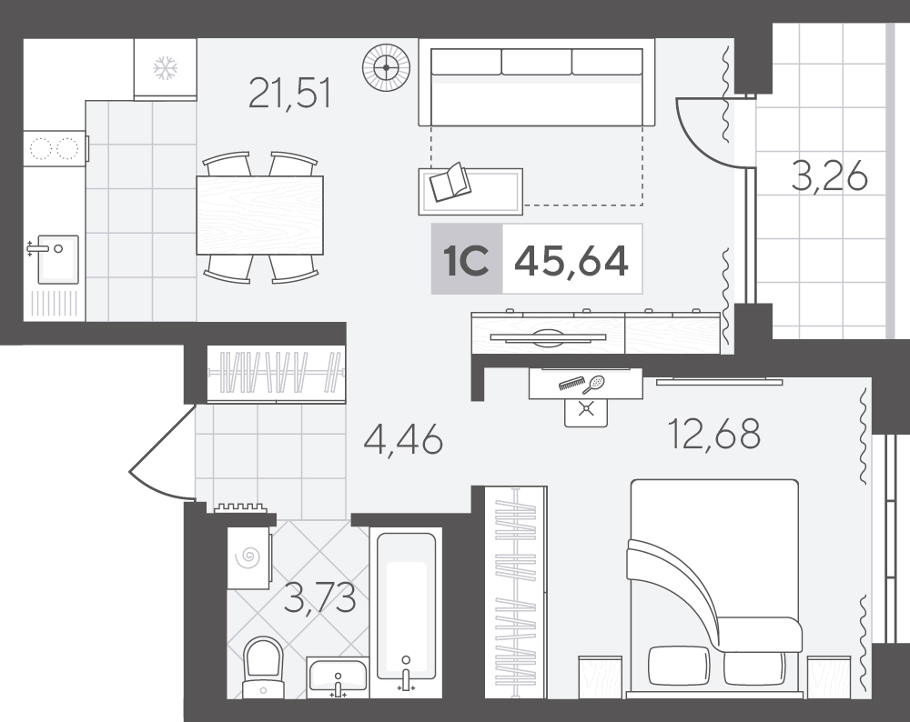 Планировка: 1-комнатная 45.6 м² в ЖК Скандиа. Квартал в Комарово Парк, Комарово Парк