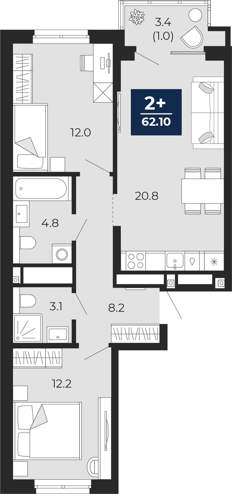 Планировка: Евротрешка 64.5 м² в ЖК Мириады, Мыс
