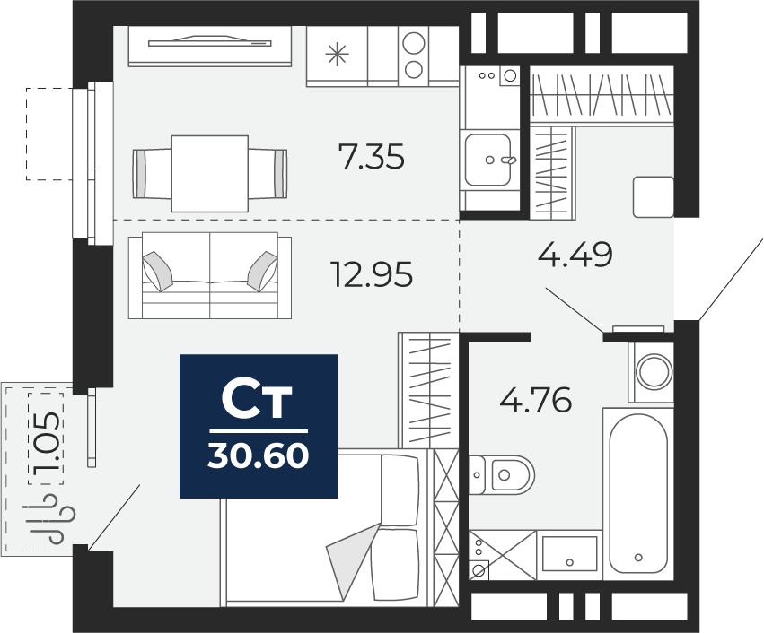 Планировка: Студия 30.6 м² в ЖК Мириады, Мыс