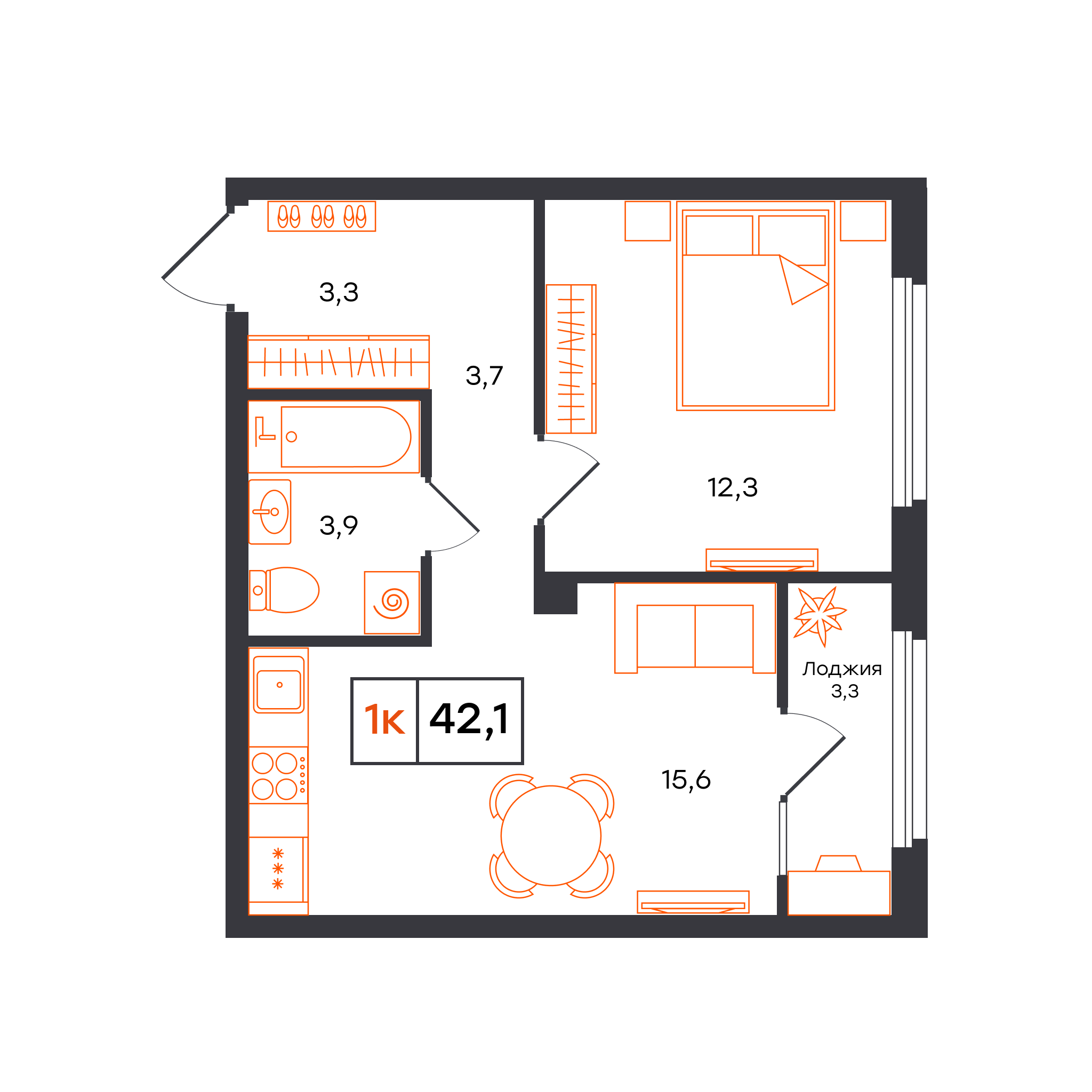 Планировка: Евродвушка 42.1 м² в ЖК Отличие, Комарово Парк