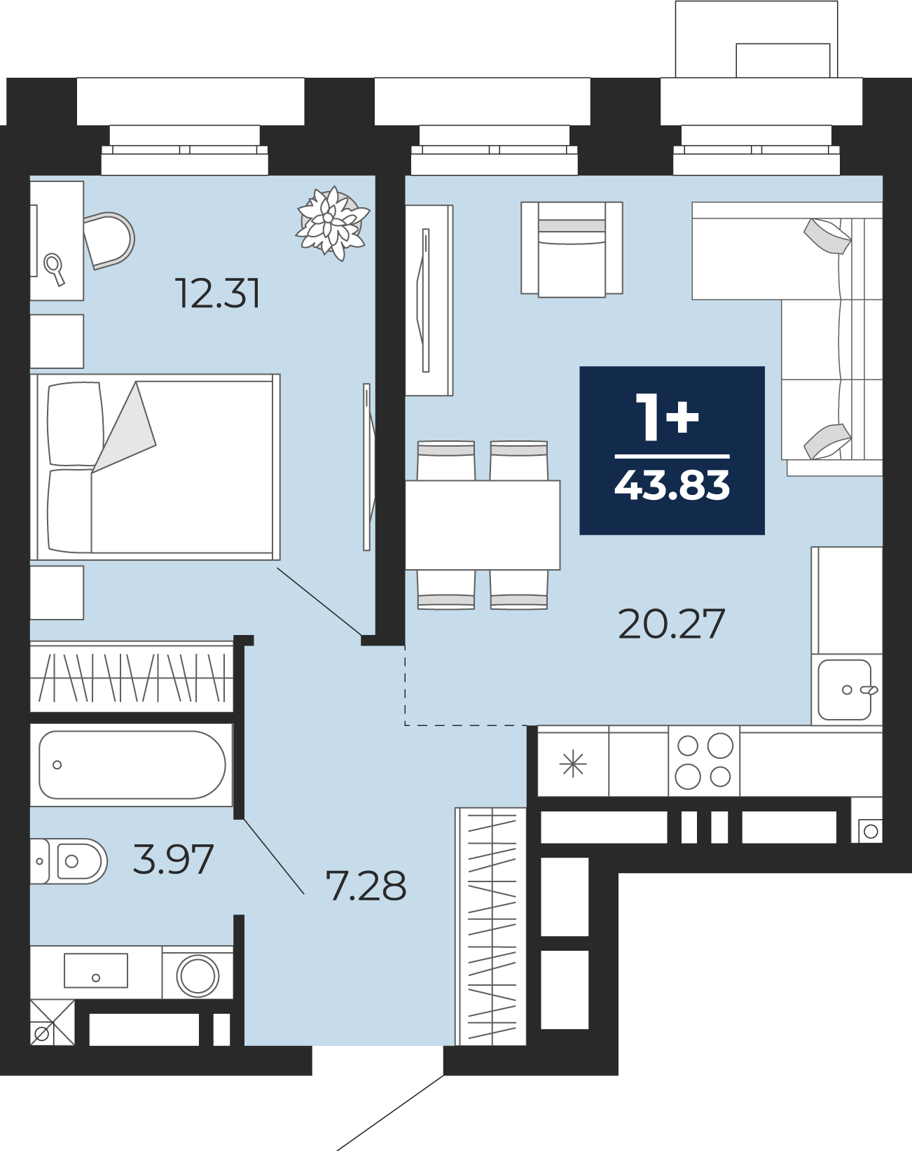 Планировка: Евродвушка 43.8 м² в ЖК Айвазовский, 5-й Заречный