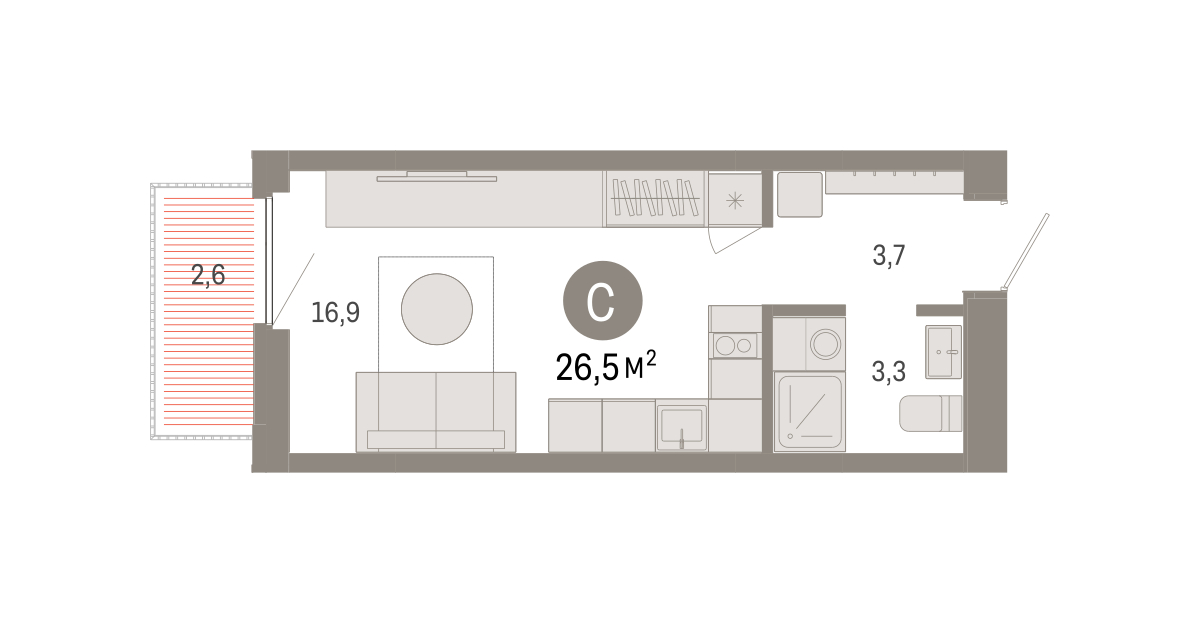 Планировка: Студия 26.5 м² в ЖК Зарека, Заречный