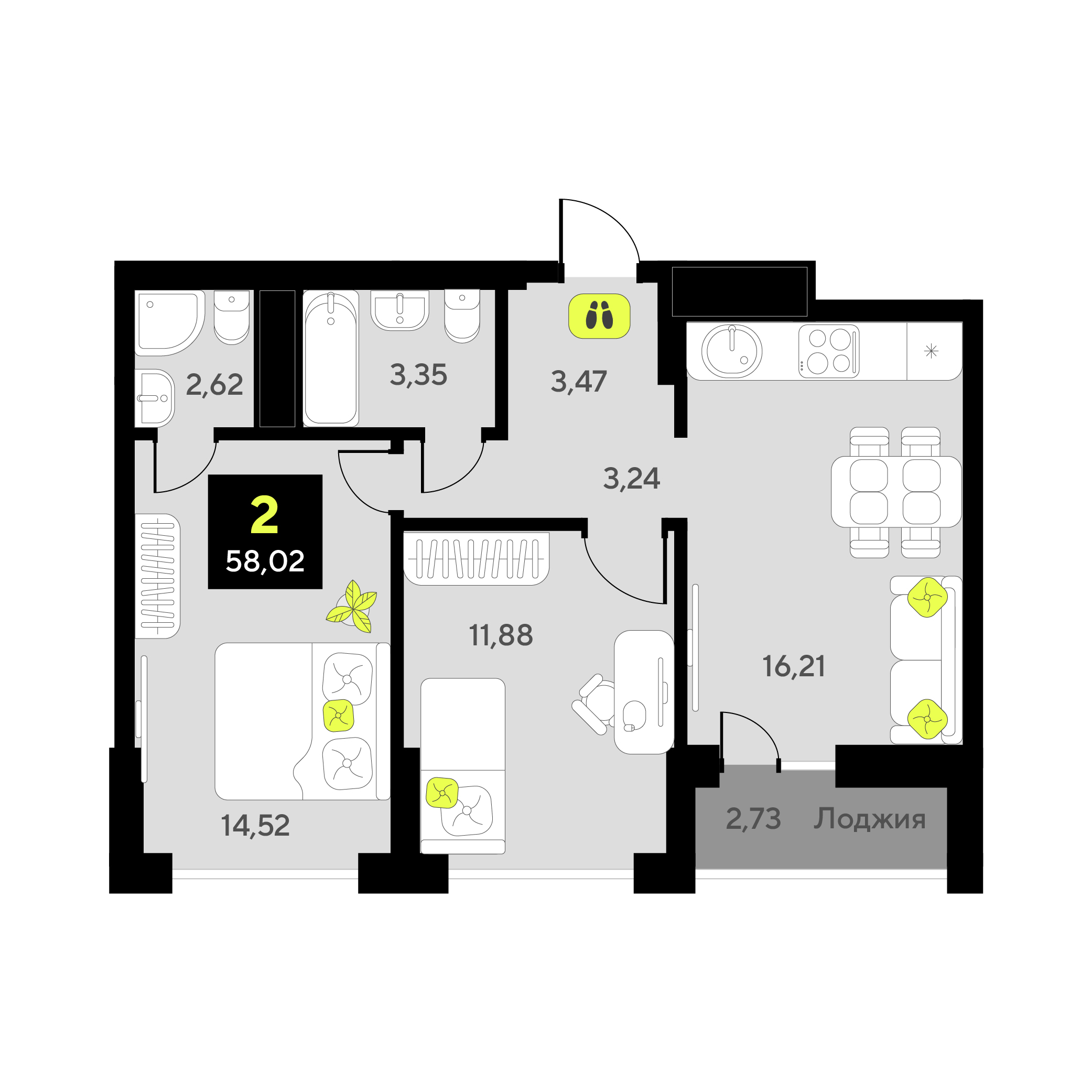 Планировка: Евротрешка 58 м² в ЖК Окинава, 5-й Заречный