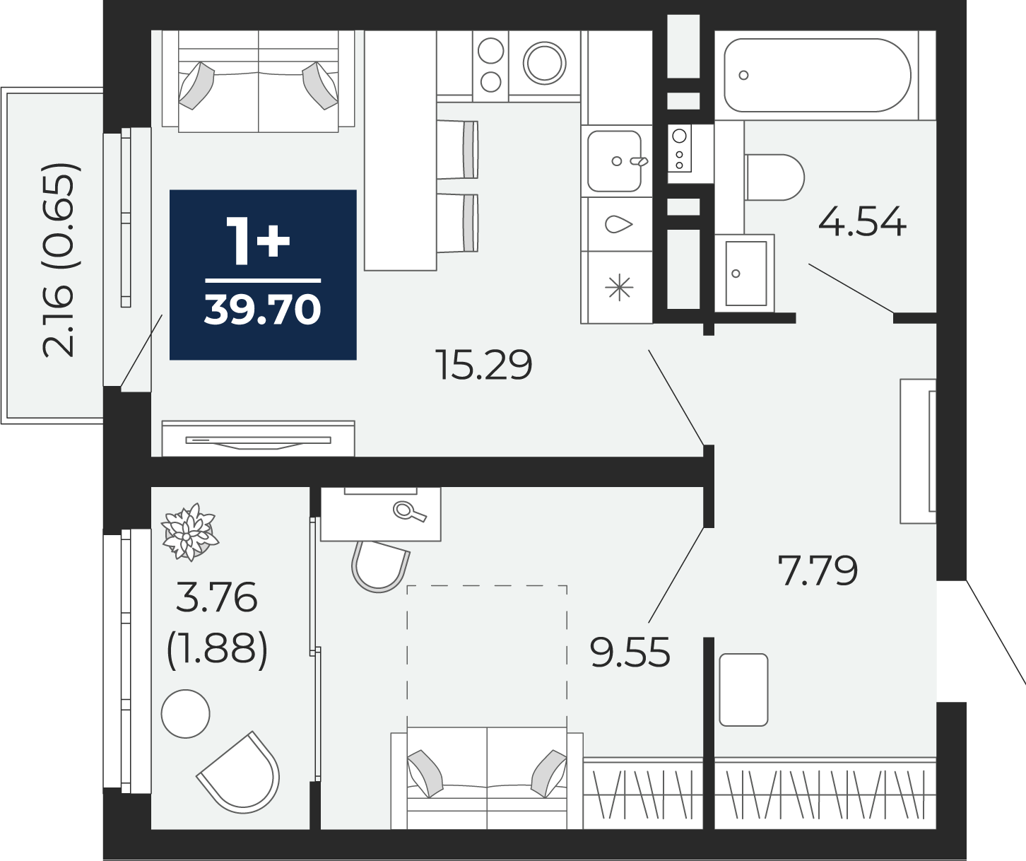 Планировка: Евродвушка 43.1 м² в ЖК Беринг, Лесобаза