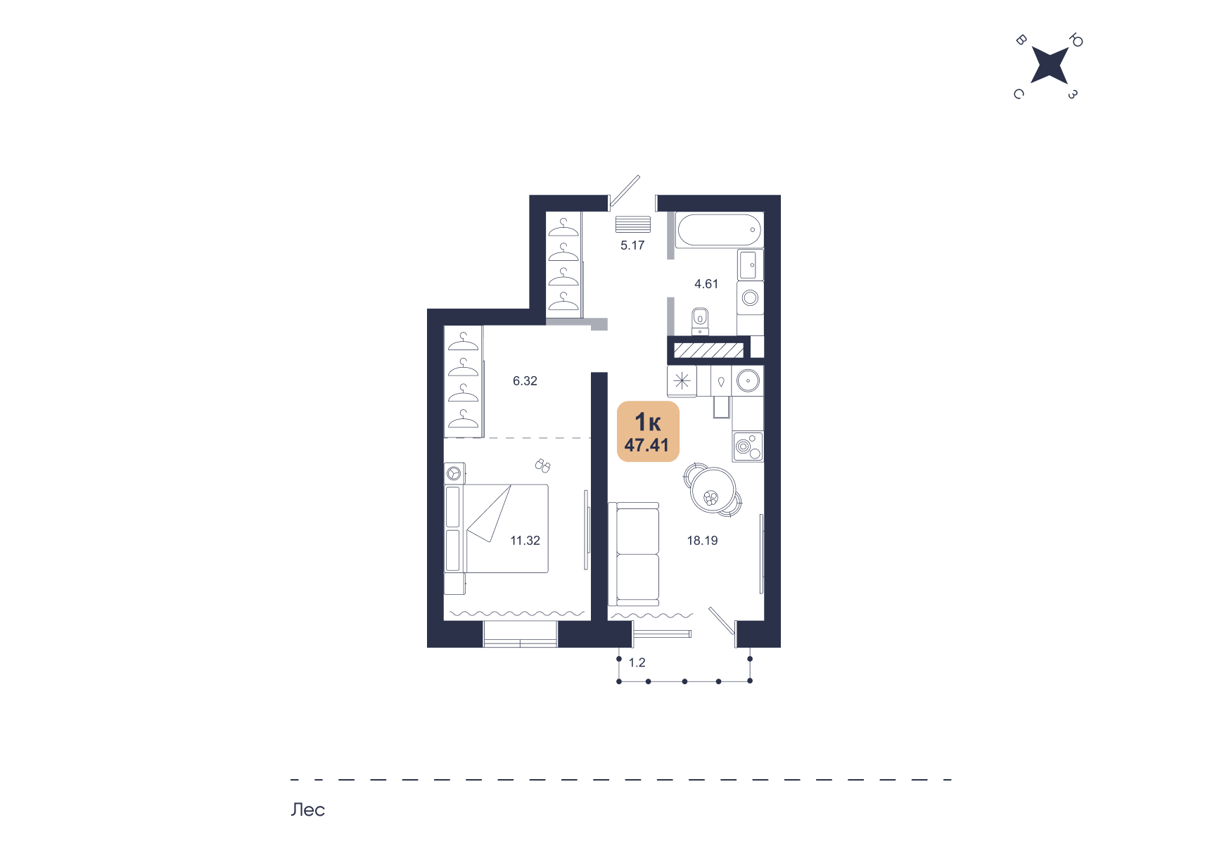 Планировка: Евродвушка 47.4 м² в ЖК Хито, От Слободы до Комарово парк