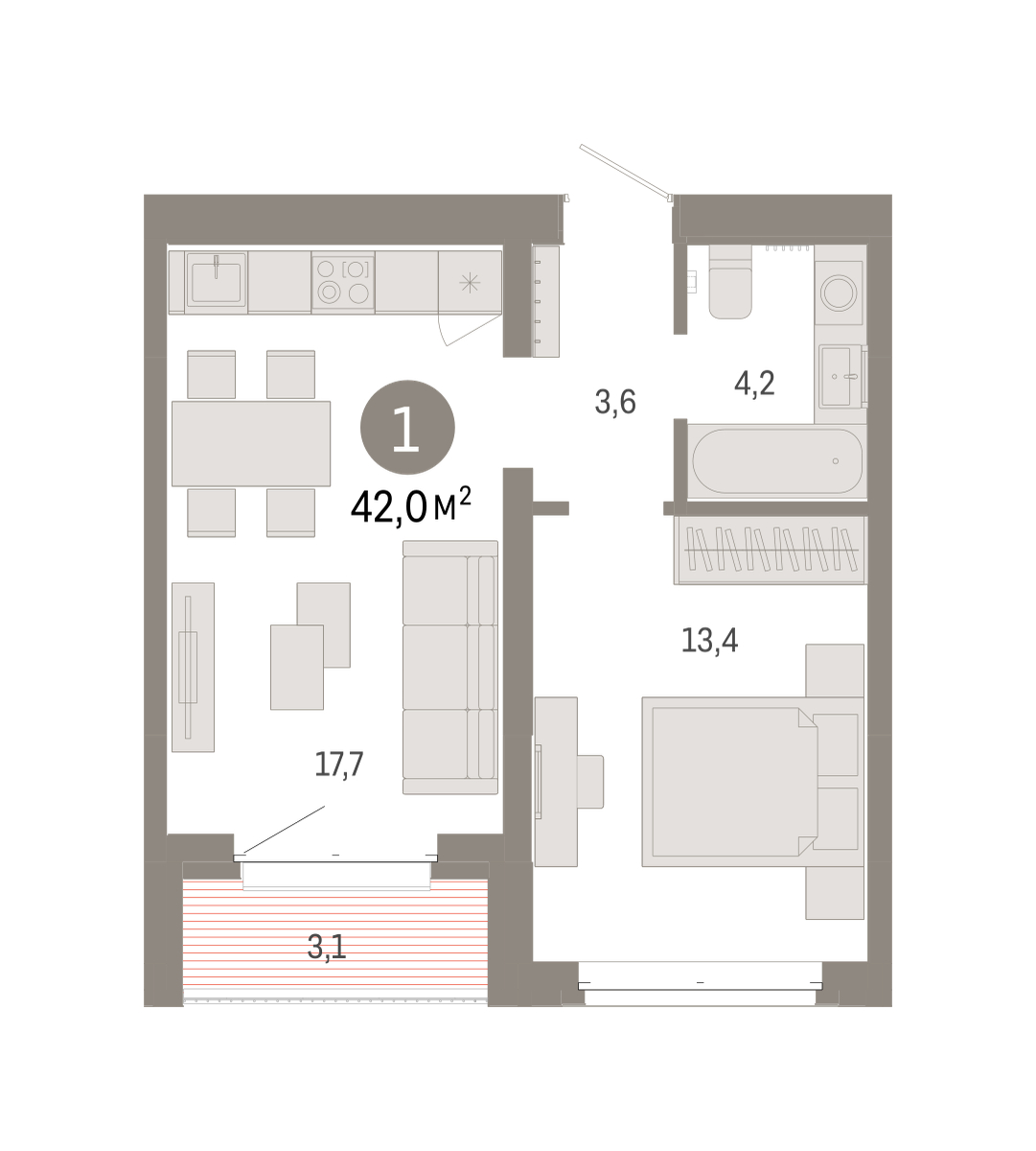 Планировка: Евродвушка 42 м² в ЖК На Минской, Центр: Драмтеатр