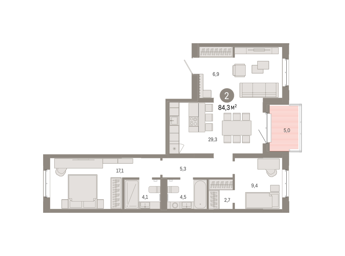 Планировка: 2-комнатная 84.3 м² в ЖК На Минской, Центр: Драмтеатр