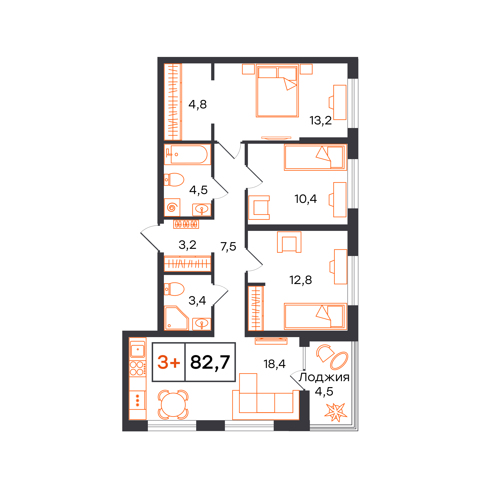 Планировка: 3-комнатная 82.7 м² в ЖК Чемпионский, Чемпионский