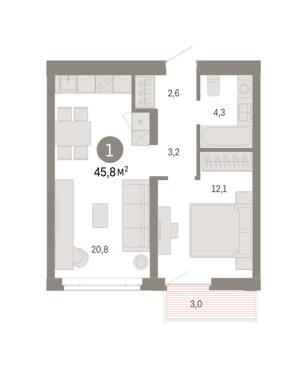 Планировка: 1-комнатная 45.9 м² в ЖК Республики 205, Центр: КПД