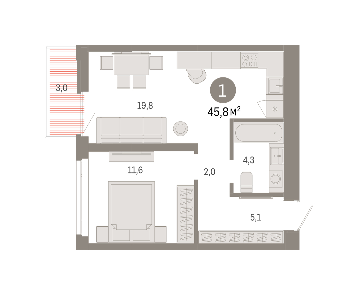 Планировка: Евродвушка 45.8 м² в ЖК Республики 205, Центр: КПД