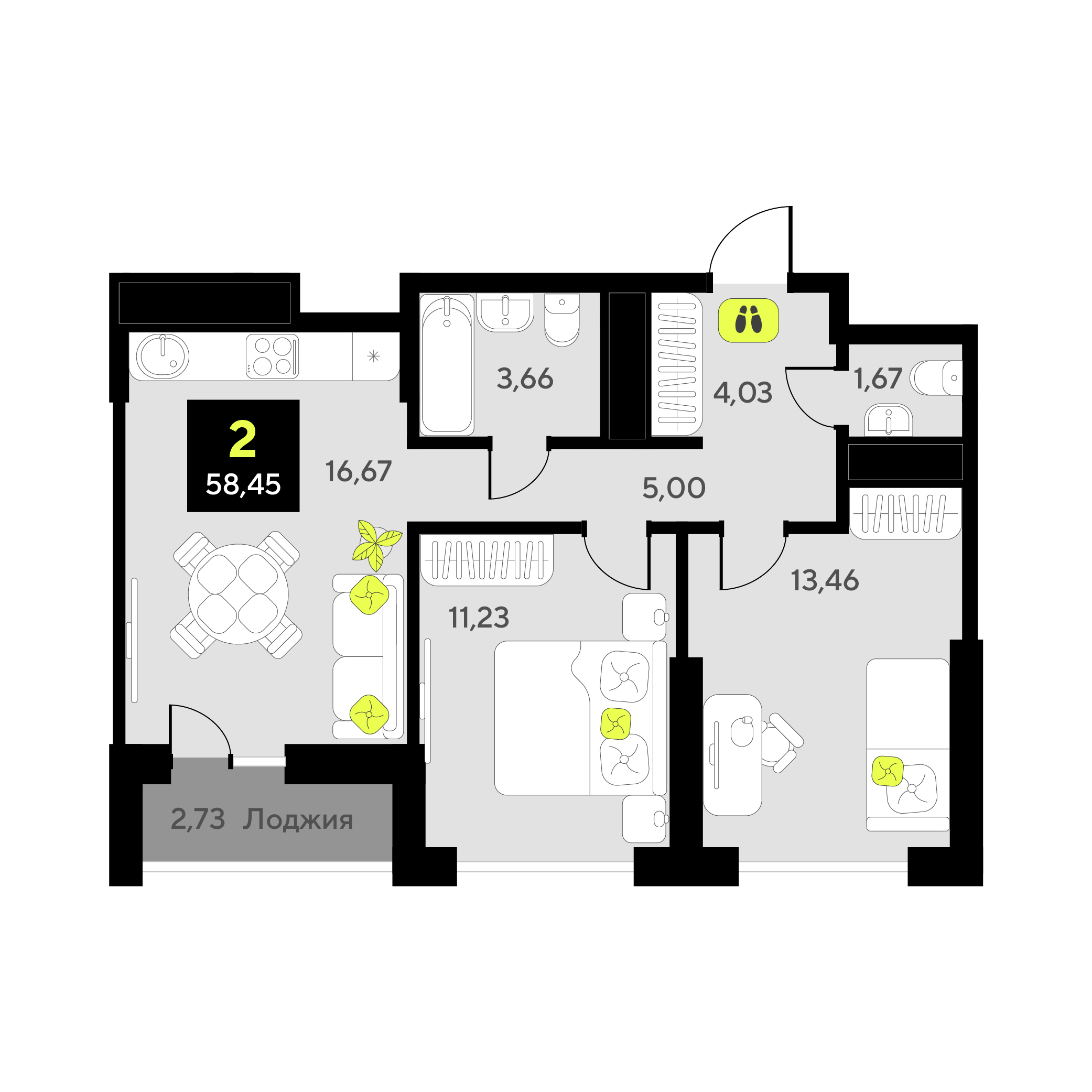Планировка: Евротрешка 58.5 м² в ЖК Окинава, 5-й Заречный