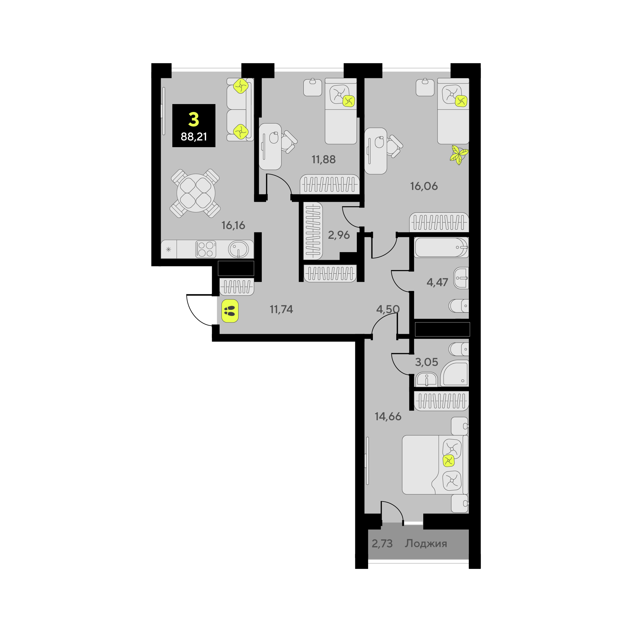 Планировка: 4-комнатная евро 88.2 м² в ЖК Окинава, 5-й Заречный