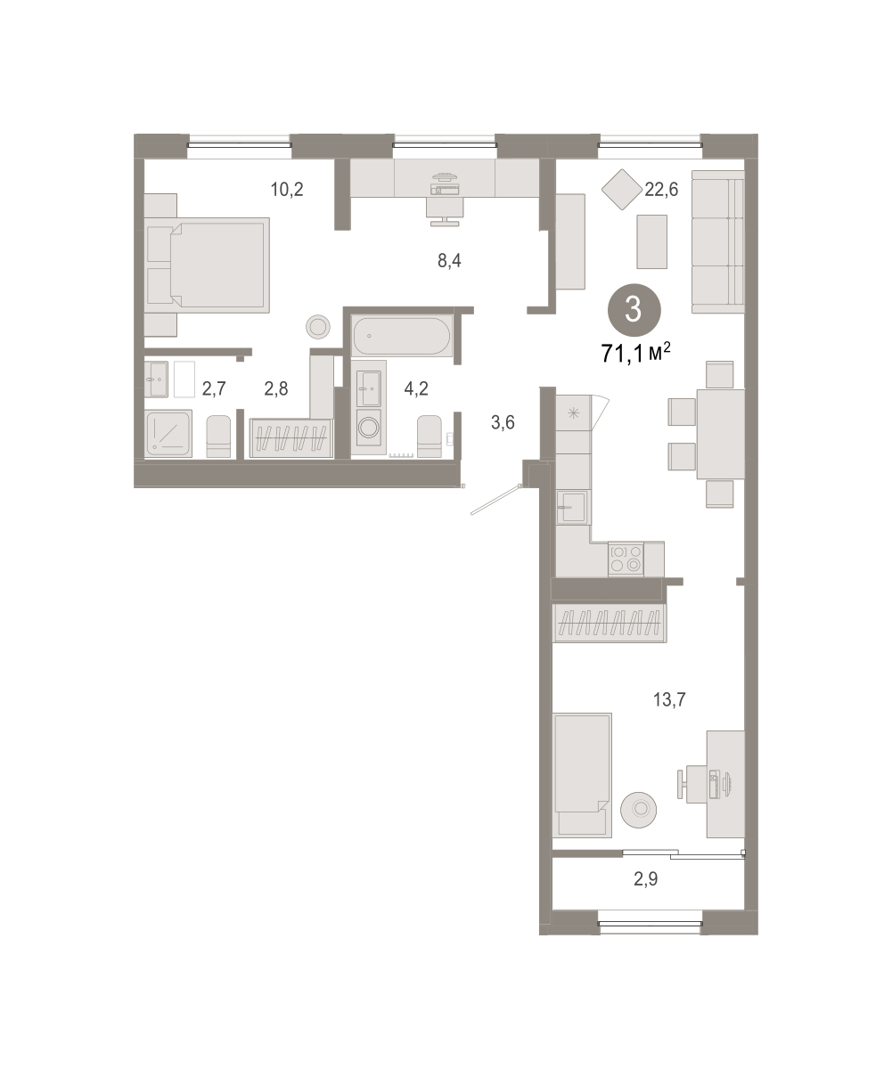Планировка: Евротрешка 71.1 м² в ЖК Октябрьский на Туре, ДОК