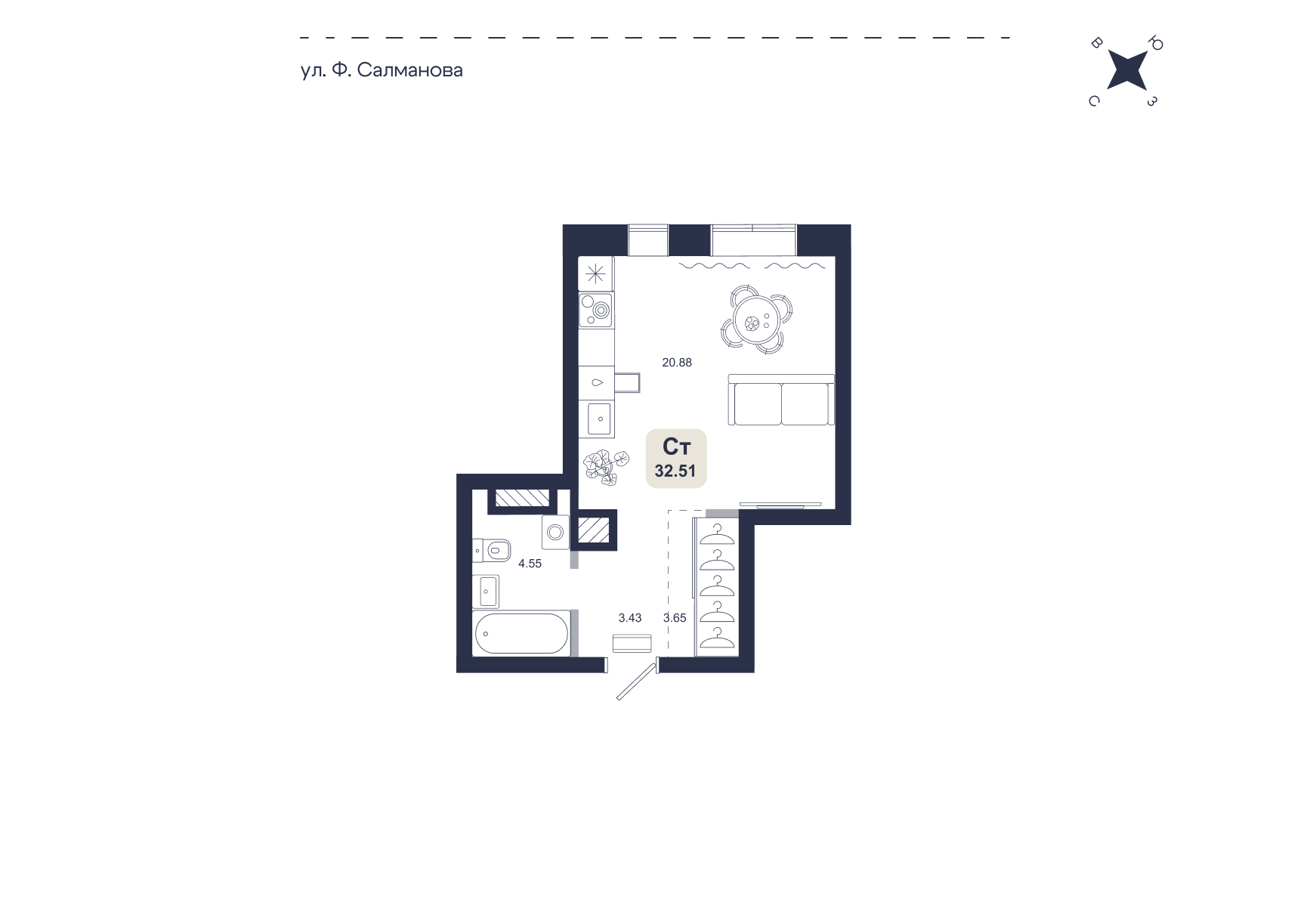 Планировка: Студия 32.5 м² в ЖК Хито, От Слободы до Комарово парк