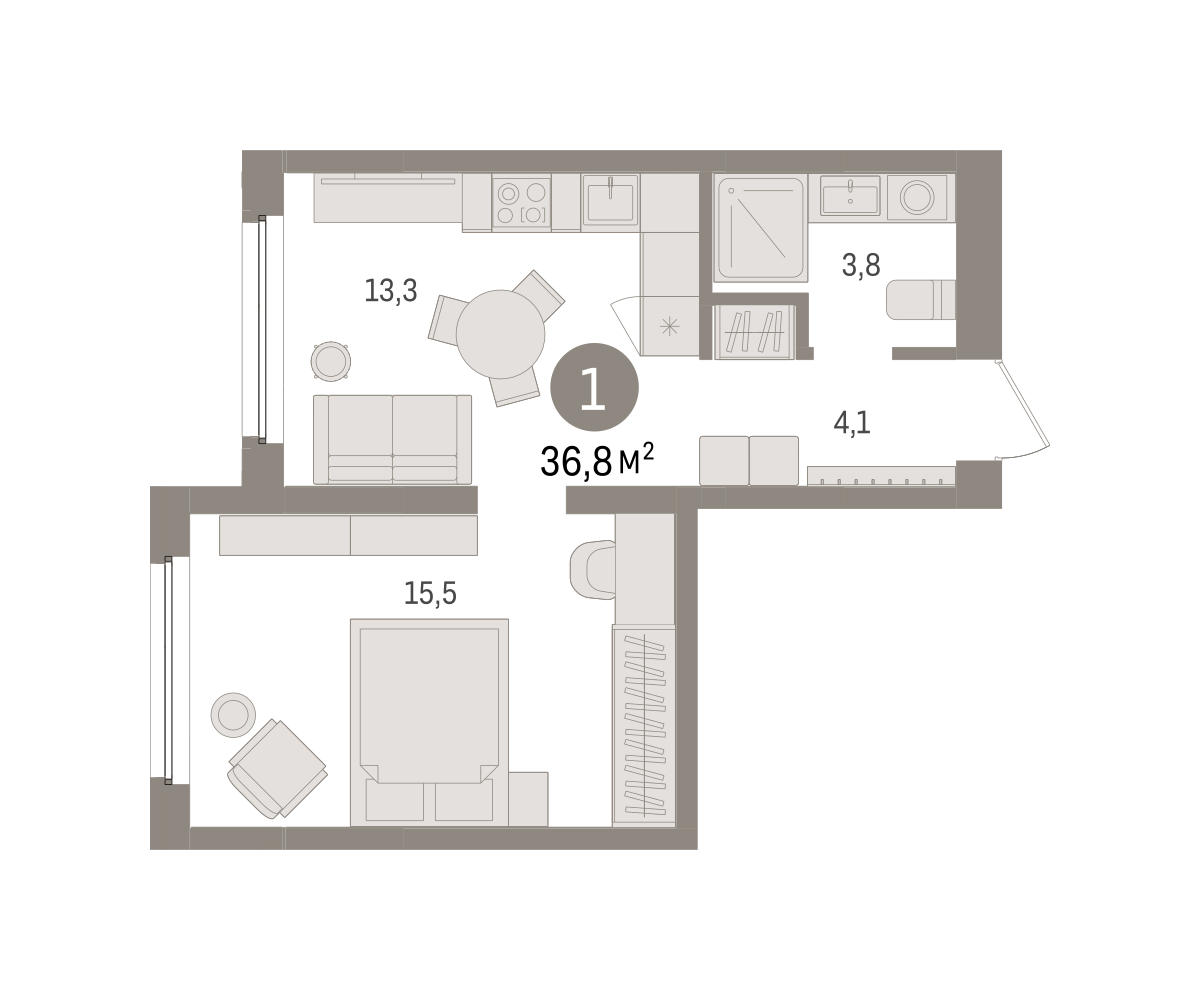 Планировка: Евродвушка 36.8 м² в ЖК Зарека, Заречный