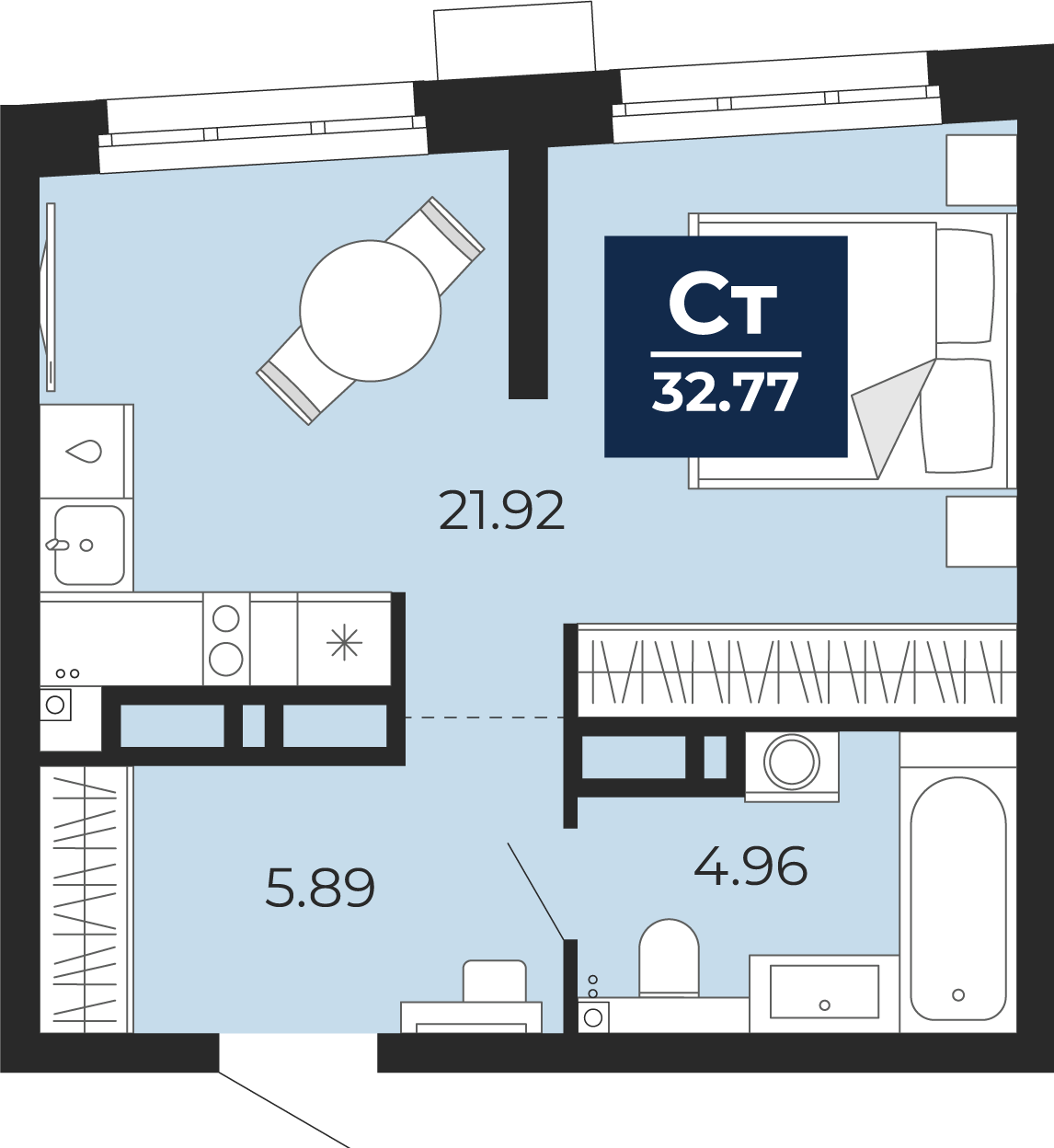 Планировка: Студия 32.8 м² в ЖК Прео, Тюменская слобода