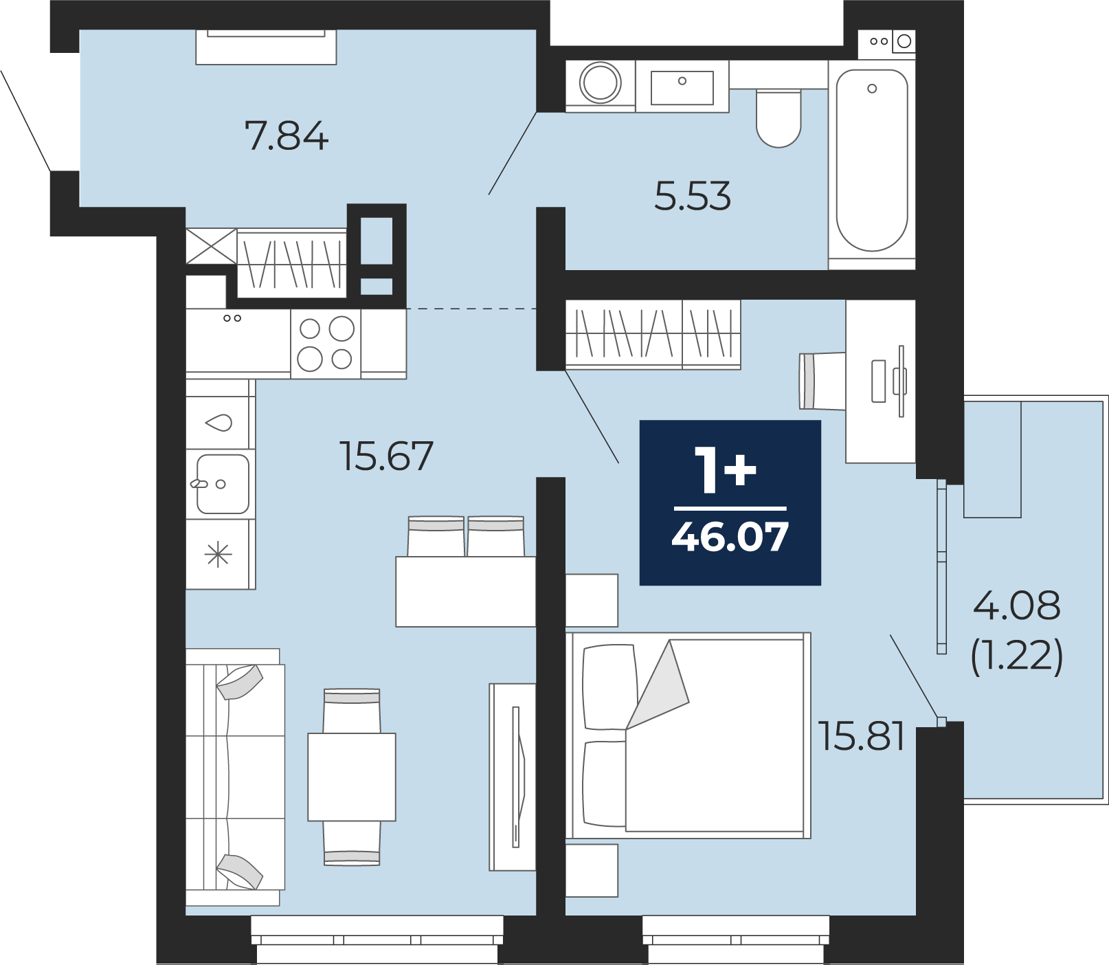 Планировка: Евродвушка 48.9 м² в ЖК Прео, Тюменская слобода